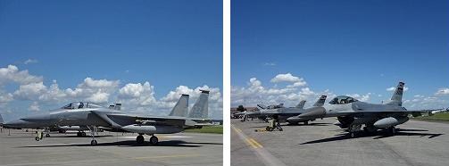 1209ブログD F22のおかげで存在感が薄めですが、F15戦闘機(左)とF16戦闘機(右)も健在です。F22を見てしまうと旧式の印象がありますが、それでも充分カッコイイ!