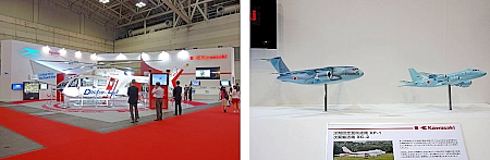 130204i 写真左は「ドクターヘリ」、写真右はXC-2とXP-1の模型。1社で2機同時に開発してしまうなんてボーイングやエアバスだってやらない!