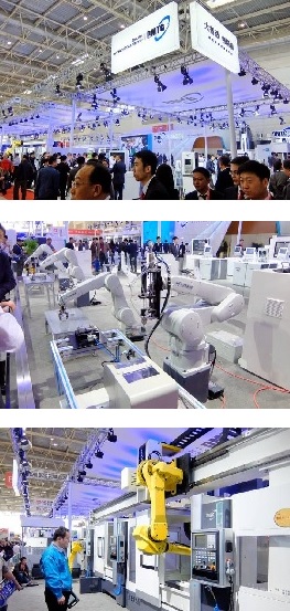 150530top8 写真上=ブース面積は瀋陽機床と並び最大級、中央=自社製ロボットも多数展示、下=自動化/無人化をPR