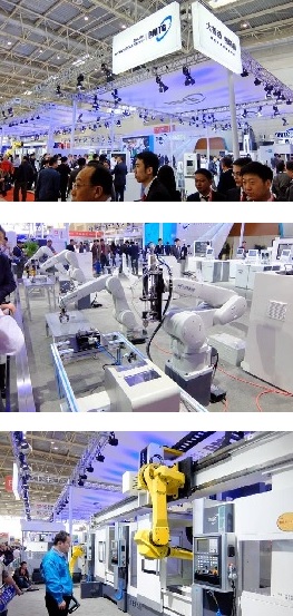 写真上＝ブース面積は瀋陽機床と並び最大級、中央＝自社製ロボットも多数展示、下＝自動化/無人化をPR